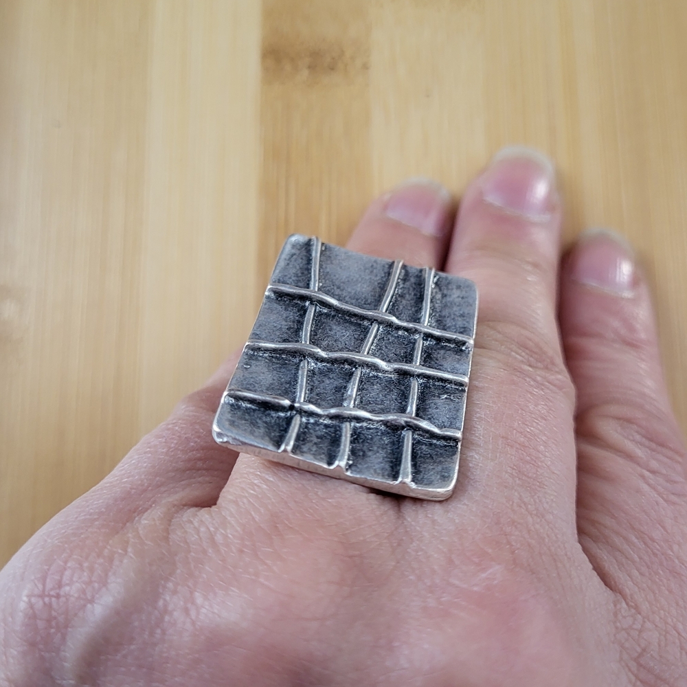 Sterling Silver Textured Square Statement Ring - … - image 1
